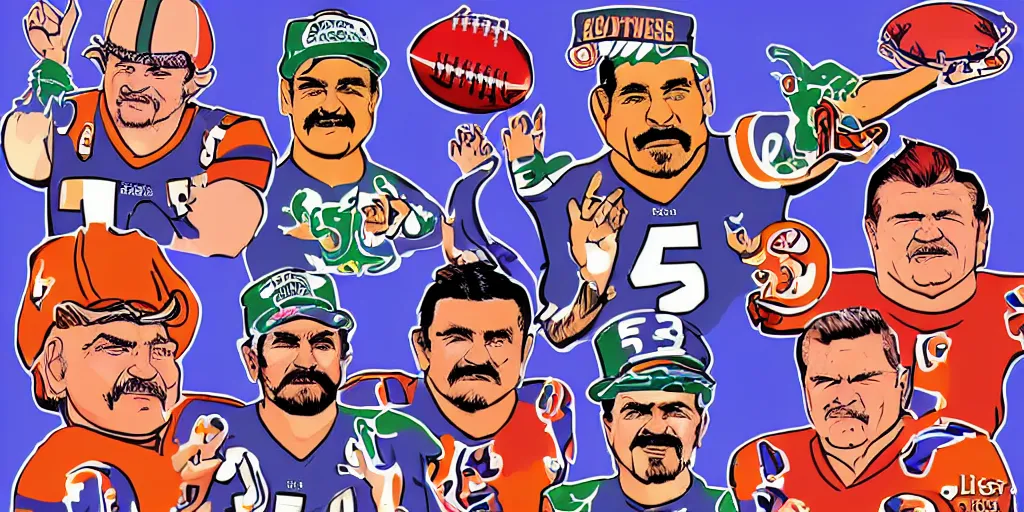 Image similar to Football players Butkus, Ditka, Walter Payton, as chefs inside Cthulhu, in the style of Lisa Frank