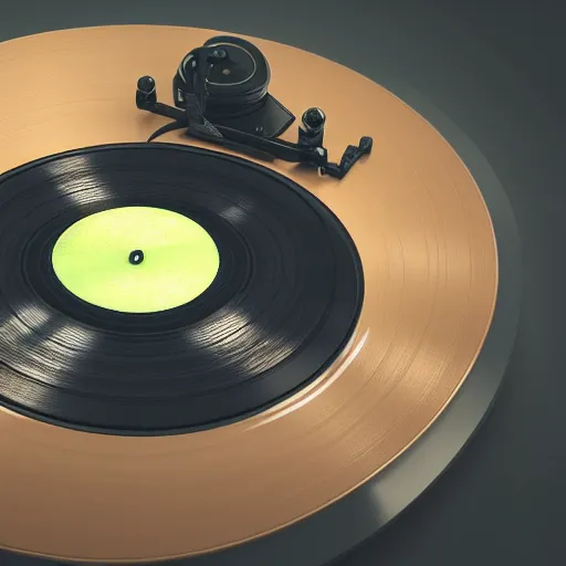 Prompt: vinyl turntable vinyl record in shape of huge kiwi fruit, 4 k, digital art, unreal render, hyperrealistic textures