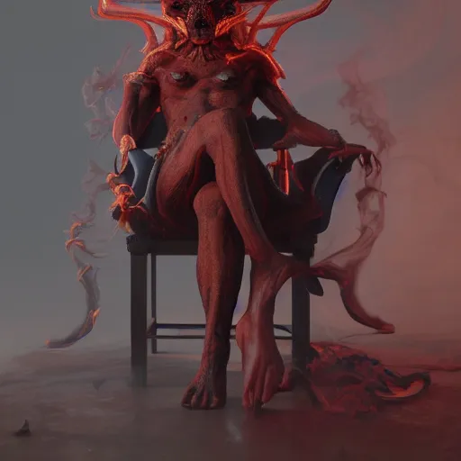 Prompt: realistic extremely detailed photo style portrait painting of a demon with smoke for hair and red burning eyes, siting in a chair, hybrid moebius, brom, artstation moody colors, octane render, 4k