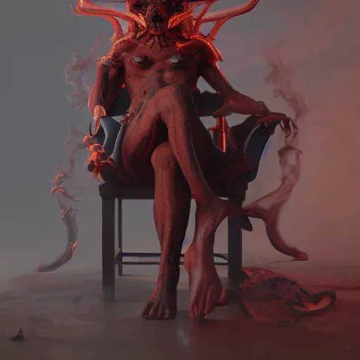 Image similar to realistic extremely detailed photo style portrait painting of a demon with smoke for hair and red burning eyes, siting in a chair, hybrid moebius, brom, artstation moody colors, octane render, 4k