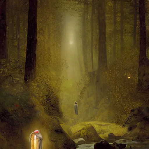 Prompt: detailed and oil painting, hyper realistic | cinematic lighting, award - winning | the robed hermit leans with his lamp upon the abyss of the dark well in the misty forest | by henry fuseli, by gustav klimt, by william waterhouse and tom bagshaw | trending on artstation, cgsociety, official art, octane.