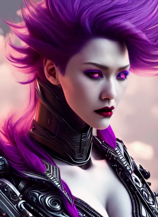 Prompt: a photorealistic detailed image of a beautiful stoic vampire in sci - fi bionic armor with purple hair, black and red, intricate, elegant, highly detailed, digital painting, artstation, concept art, smooth, sharp focus, illustration, art by hana yata, artem demura, alphonse mucha, octane render, unreal engine, 8 k