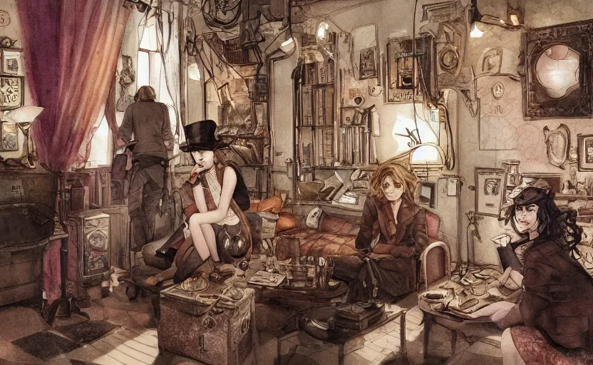 Image similar to women in the interior of a steampunk apartment, Milo Manara, night time, Margot Robbie, Scarlett Johanson, zoey Deschannel, smoking cigarettes, playing board games, highly detailed, pencil and watercolor, Tarantino movie posters, melancholy, level design, concept art, artstation, cgsociety, zenith view