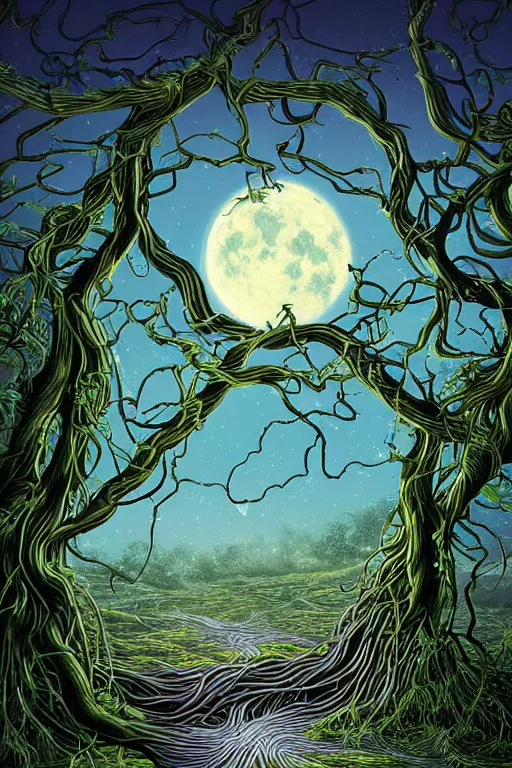 Prompt: a beautiful digital illustration painting of a detailed fantasy full moon and roots, throne chair and vines puffy clouds mystical skyby howard arkley. 8 k resolution trending on artstation concept art digital illustration