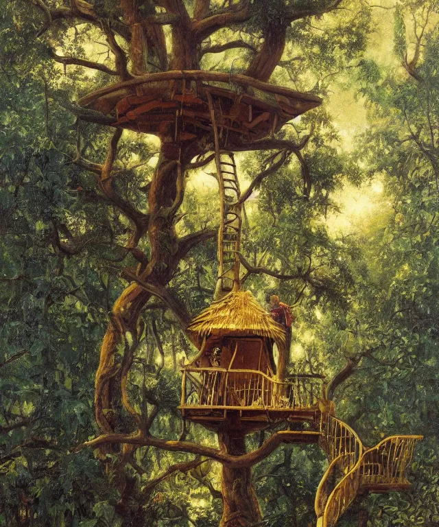 Image similar to masterful oil on canvas painting, eye - level view, shot from 5 0 feet distance, of a kid playing in a treehouse. in the background is a whimsical sparse forest. golden hour, detailed, depth, volume, chiaroscuro, quiet intensity, vivid color palette. by tex avery and gerald brom