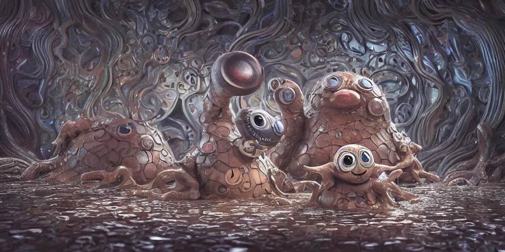 Image similar to of an intricate muddy water with strange cute friendly happy creatures with huge eyes, long tongue, round teeth and goofy funny face, appearing from the background, in the style of gehry and gaudi, macro lens, shallow depth of field, ultra detailed, digital painting, trending artstation, concept art, illustration, cinematic lighting, photorealism, epic, octane render