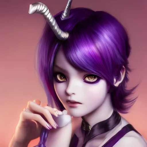 Image similar to beautiful anime woman with purple hair, a horn! on her forehead, a horn on her head, one horn, a single horn, purple eyes, a purple tuxedo, sharp focus, intricate, cell shaded, award winning photography, cinematic, digital painting, cinematic, wlop, 8 k, by ross tran, tom bagshaw