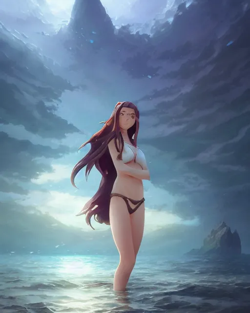 Image similar to an elven girl wading in the ocean, atmospheric lighting. By Makoto Shinkai, Stanley Artgerm Lau, WLOP, Rossdraws, James Jean, Andrei Riabovitchev, Marc Simonetti, krenz cushart, Sakimichan, trending on ArtStation, digital art.