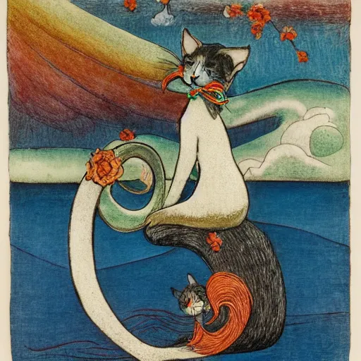 Image similar to model clay flowing rainbow cat by susan herbert and hiroshige ii and theophile steinlen and louis wain and min zhen and arthur rackham and pierre bonnard and bonnie mclean and wes wilson, 8 k, artstation