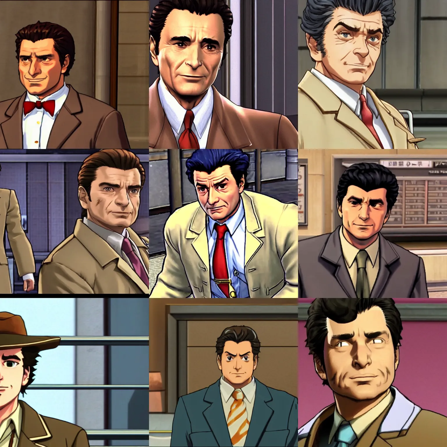 Prompt: a young peter falk in a tan trenchcoat, squinting and smirking, in phoenix wright ace attorney