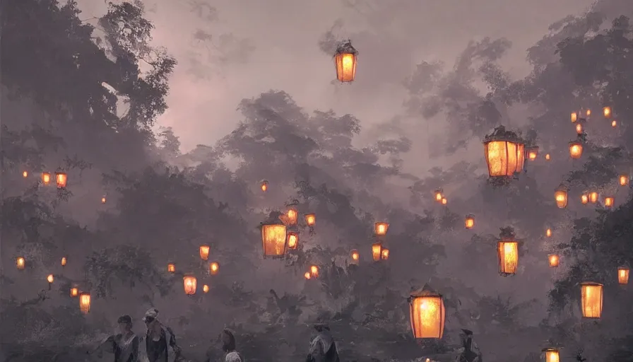 Image similar to craig mullins and wenjun lin zhongyuan festival in fujian ， lanterns in the sky ， river ， dark sky ， fire clouds ， ， village ， ghost ， unreal engine, hyper realism, realistic shading, cinematic composition, realistic render, octane render, detailed textures, photorealistic, wide shot