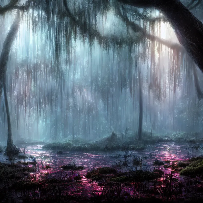 Image similar to a wet swamp with overhanging trees, dark colors, glowing plants, mushrooms!, misty background, light rays, beautiful lighting, vivid colors, intricate, elegant, smooth, sharp focus, highly detailed digital painting, concept art, cinematic, unreal engine, 4 k wallpaper, trending on cgsociety, trending on artstation