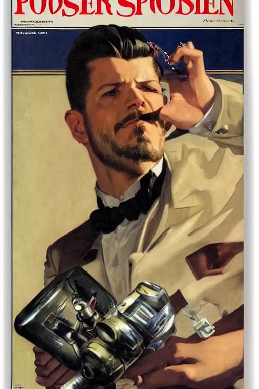 Prompt: Adam Jensen holding a cigarette in his robot hand, The Saturday Evening Post cover, by J. C. Leyendecker