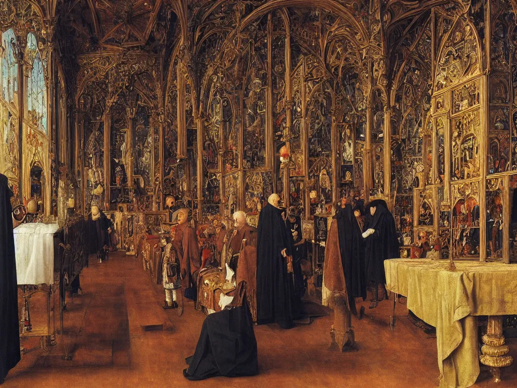 Prompt: portrait of an alchemist at a funeral with infinity mirror in the ice palace. painting by jan van eyck