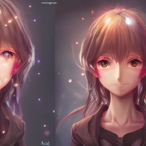 Prompt: Anime Teenage female Mage, outdoors lighting, astral background, symmetrical face and body, confident, smile, detailed moisture, detailed droplets, detailed intricate hair strands, DSLR, ray tracing reflections, eye reflections, focused, unreal engine 5, vfx, post processing, post production, Arcane Style, 8k