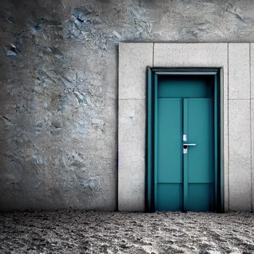 Image similar to photography, 3 d render, moster, door, sand