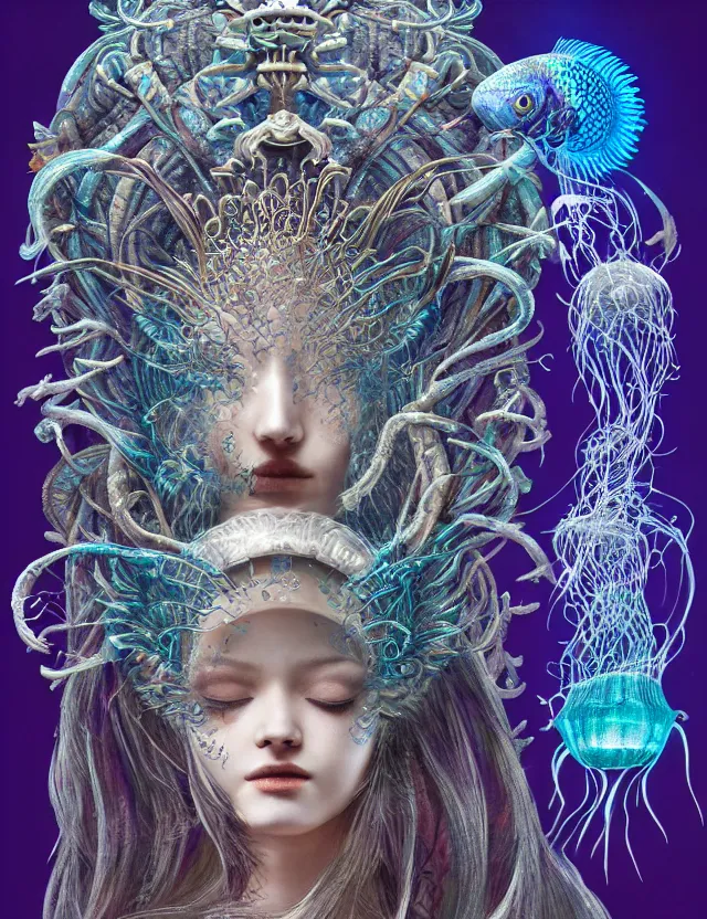 Image similar to goddess macro shouler portrait from bottom to top in crown made of ram skull. betta fish, jellyfish phoenix, bioluminiscent, plasma, ice, water, wind, creature, super intricate ornaments artwork by tooth wu and wlop and shofff and greg rutkowski