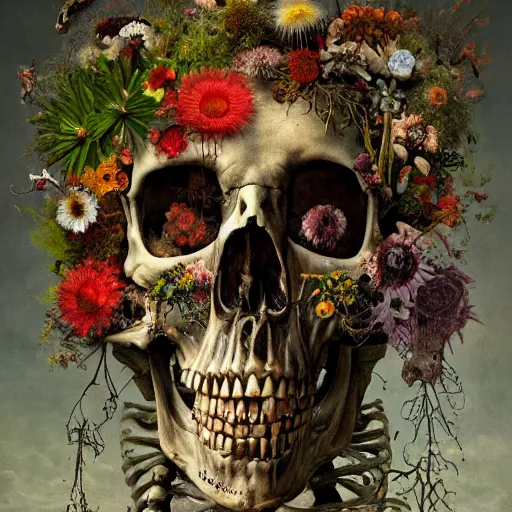Prompt: 'Life from death' A horrifyingly detailed aesthetic horror full body portrait painting depicting 'A complete skeleton with plants and flowers growing all over it, birds and insects flying all around it' by giuseppe arcimboldo and Rembrandt, Trending on cgsociety artstation, 8k, masterpiece, cinematic lighting, vibrant colors.