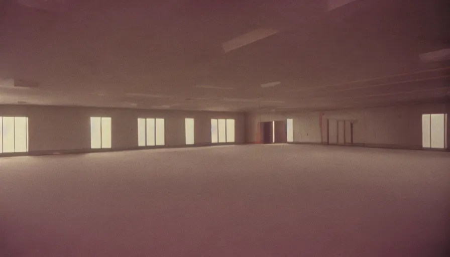 Image similar to 70s movie still of a high ceiling empty ballroom , cinestill 800t Technicolor, heavy grain, high quality, criterion collection, liminal space style