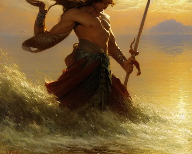 Image similar to attractive male wizard casting powerful tsunami wave spell in a beautiful lake. highly detailed painting by gaston bussiere, craig mullins, j. c. leyendecker 8 k