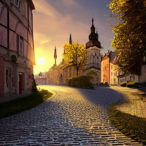 Image similar to a beautiful hyper realistic photo of banska stiavnica in summer, cobblestone pavement, with old houses and few trees in sunset, sky, ufo in sky, v - ray, octane render, unreal engine, by greg rutkowski and james gurney, artstation