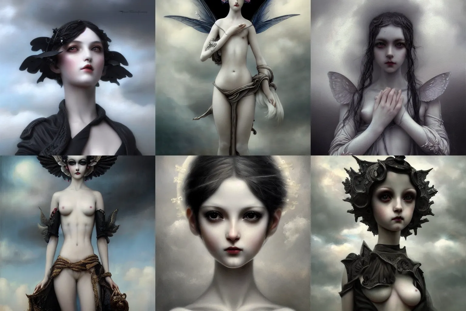 Prompt: By Tom Bagshaw, ultra realist soft painting of an anime porcelain miniature fully dressed figurine, curiosities carnival background, symmetry accurate features, very intricate details, ominous sky, black and white, volumetric light clouds