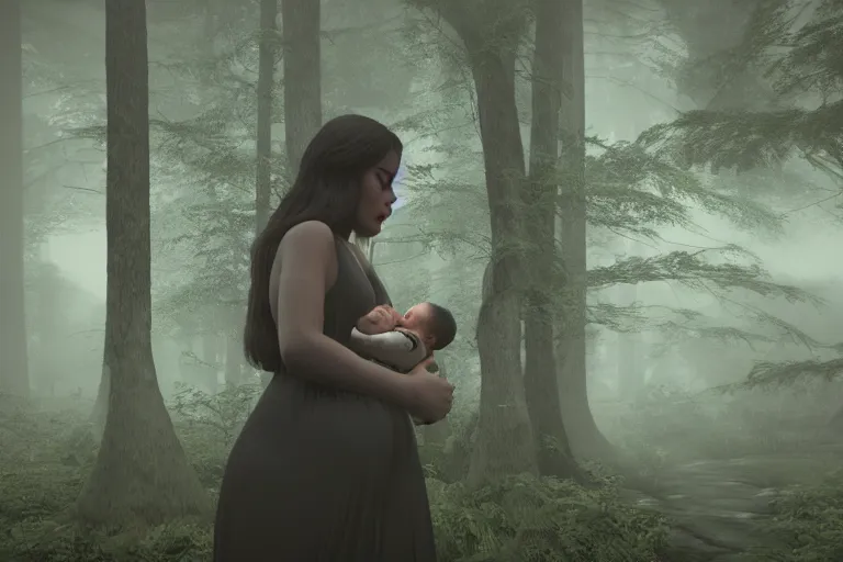 Image similar to a cinematic shot of a young woman with dark hair holds a baby in a dark, foggy forest, octane render, nvidia raytracing demo, closeup, masterpiece