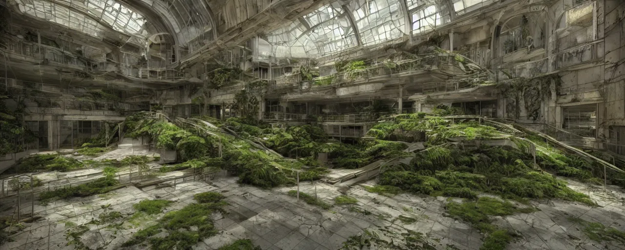 Prompt: inside abandoned mall with escalator and walls having moss and ferns 8 k uhd, unreal engine, octane render in the artstyle of finnian macmanus, john park and greg rutkowski