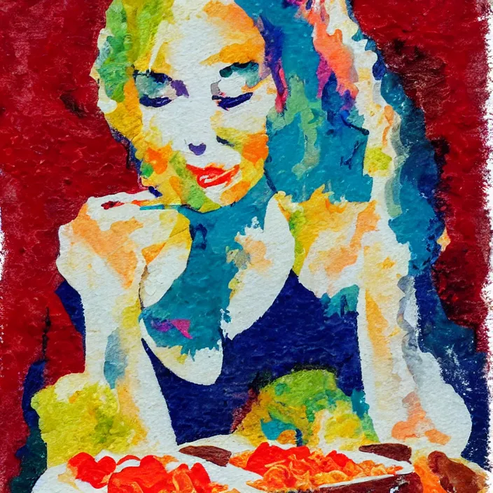 Prompt: portrait of beautiful woman eating sushi painted with colorful gouache impasto