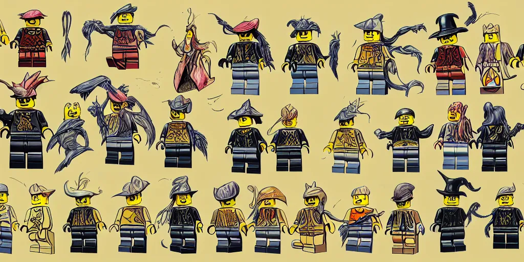 Image similar to characters from the magical lego imagination forest, sharp focus, moebius, character sheet, game concept art, brush work