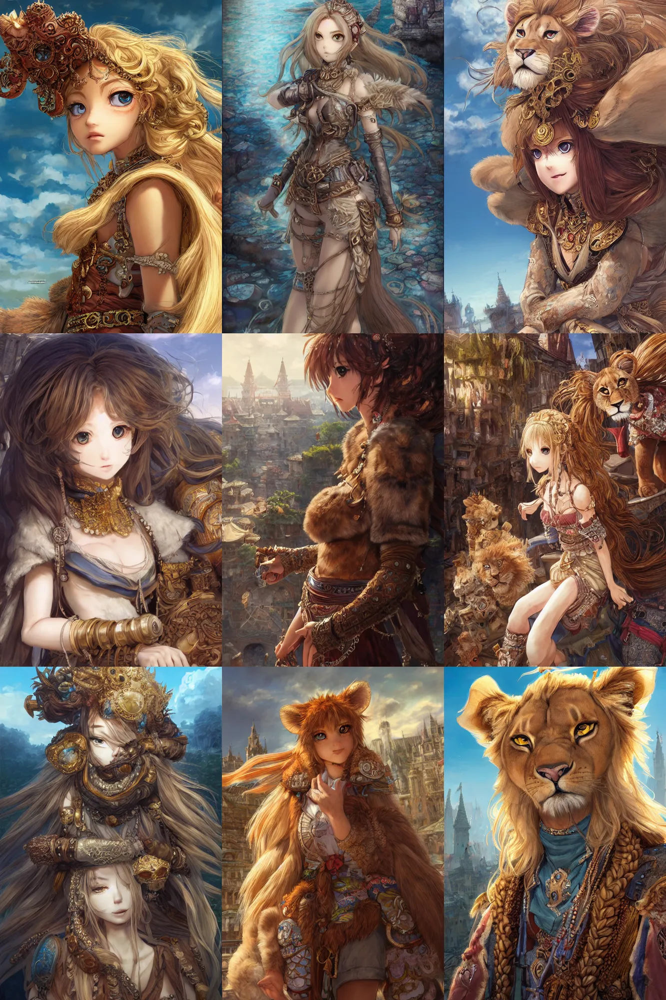 Prompt: furry art, character portrait of the lioness princess with gorgeous detailed eyes in the marketplace in the sky, color page, tankoban, 4 k, tone mapping, doll, akihiko yoshida, james jean andrei riabovitchev marc simonetti, yoshitaka amano, long hair, curly, h. hydrochaeris