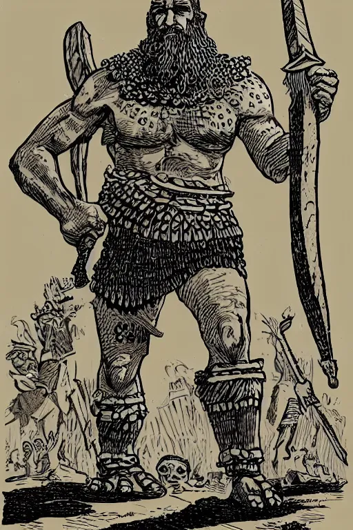 Image similar to ancient historically accurate depiction of the Bible Character Goliath of Gath, the Philistine warrior giant by mcbess