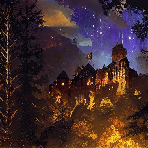 Prompt: a renaissance castle in a forest with a glowing night sky, upward angle, by craig mullins