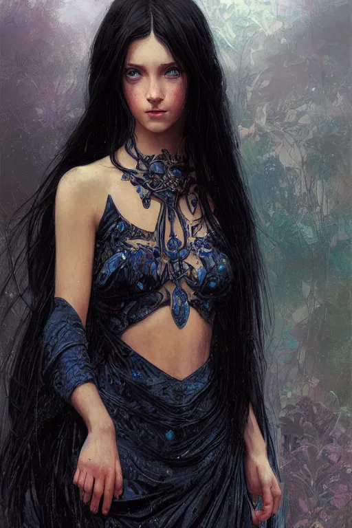 Image similar to portrait of teenage girl with long glossy black hair, blue eyes, glowing skin, fashion model features, fantasy, intricate, elegant, black dress, highly detailed, digital painting, artstation, concept art, smooth, sharp focus, illustration, art by Krenz Cushart and Artem Demura and alphonse mucha