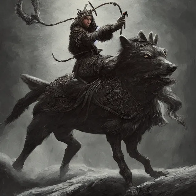 Image similar to young tsarevitch ivan riding on big grey wolf, slavic folk fairytale, story, fable, dramatic, fantasy art, an ultrafine detailed painting, academic art, ornate, inticate, elegant, sharp focus, artstation, by pavel korin, viktor vasnetsov