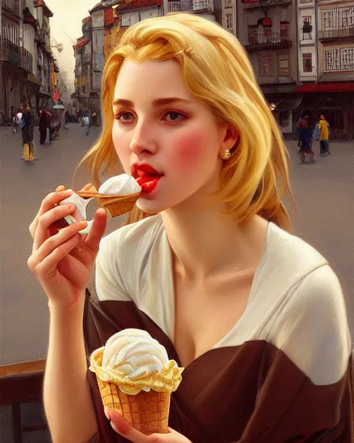 Image similar to Painting of a blonde lady eating an ice cream in Porto,real life skin, intricate, elegant, highly detailed, artstation, concept art, smooth, sharp focus, art by artgerm and greg rutkowski and alphonse mucha