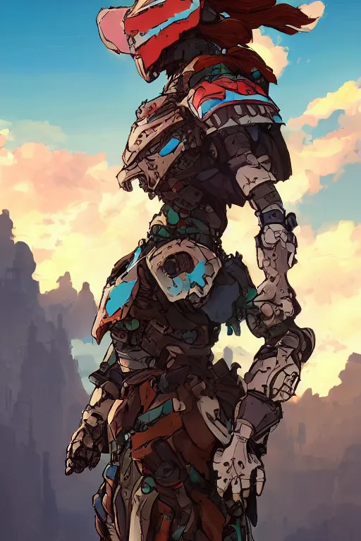 Image similar to combination suit armor aloy horizon forbidden west horizon zero dawn robot ninja mask helmet backpack tribal, art gta 5 comics, official fanart behance hd artstation by jesper ejsing, by rhads, makoto shinkai and lois van baarle, ilya kuvshinov, ossdraws radiating a glowing aura cgi rtx 2 0 2 2