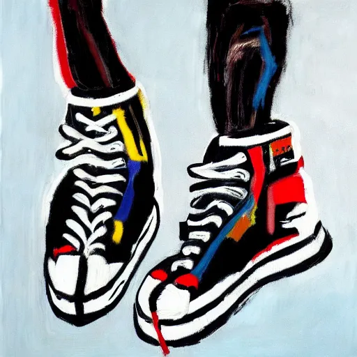 Image similar to basquiat oil painting of cyber balenciaga sneakers,