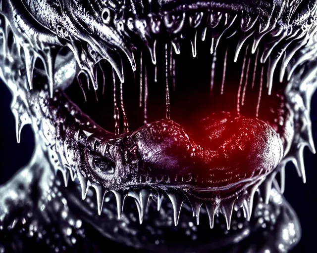 Prompt: realistic long textured tongue demon wet humanoid alien, smoke, mouth in mouth, large alien eyes, metallic reflective fangs dripping greenish acid saliva from teeth, thin red veins, intricate grey fish scales, ornate, cinematic light shadows, reflections, crawling in a wet sewer pipe, dim flashlight lighting, insanely detailed, fisheye lens