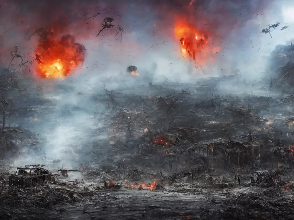 Image similar to landscape art of 8k ultra realistic war of the worlds walkers, destruction, full of colour, cinematic lighting, trending on artstation, 4k, hyperrealistic, focused, extreme details,unreal engine 5, cinematic, masterpiece, Edwardian, tripod, red weed, apocalyptic, demolition, heat ray, artillerymen, eve of war, dead london, invasion, art by Geoff Taylor