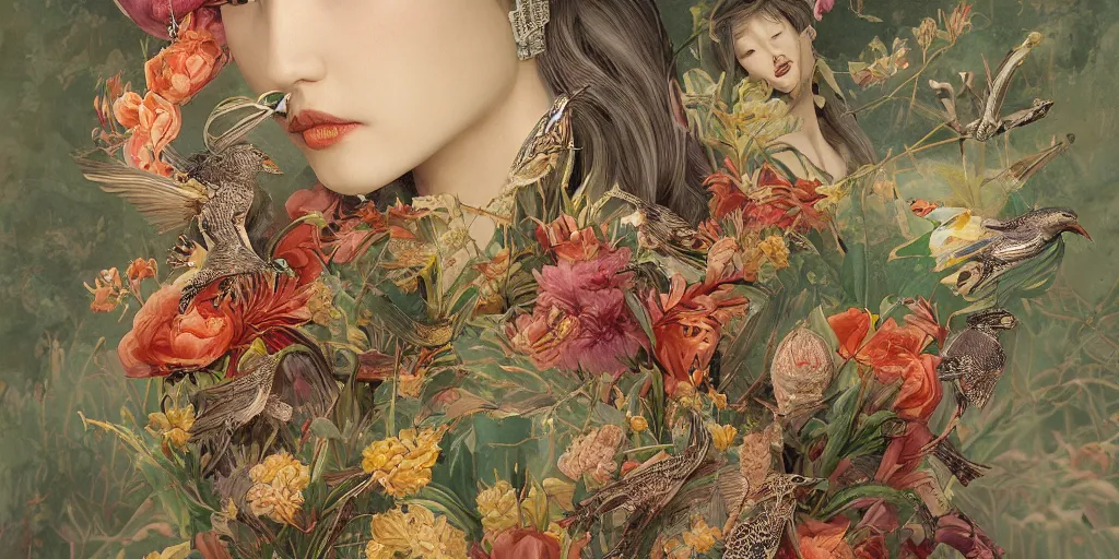 Image similar to breathtaking detailed concept art painting blend of queen sirikrit by hsiao - ron cheng with anxious piercing eyes, vintage illustration pattern with bizarre compositions blend of flowers and fruits and birds by beto val and john james audubon, exquisite detail, extremely moody lighting, 8 k