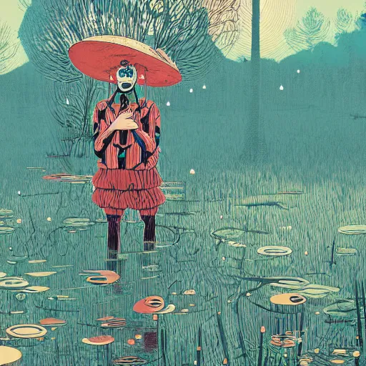 Prompt: a clown in a swamp, by Victo Ngai