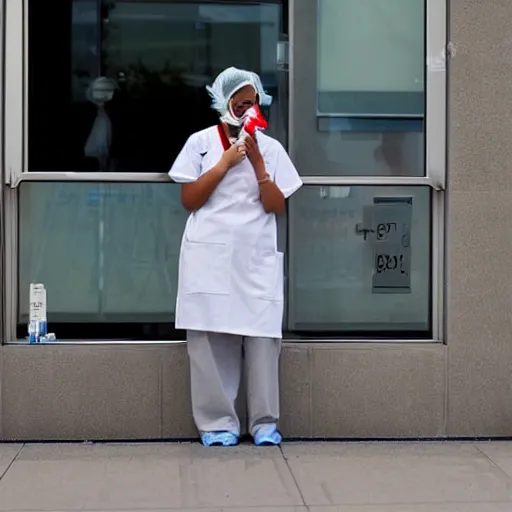 Prompt: a nurse smoking a cigarette outside a hospital during their break