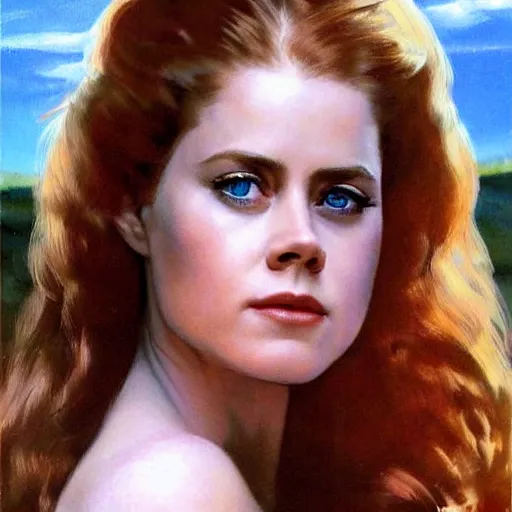 Image similar to ultra realistic portrait painting of amy adams in a western ad, art by frank frazetta, 4 k, ultra realistic, highly detailed, epic lighting