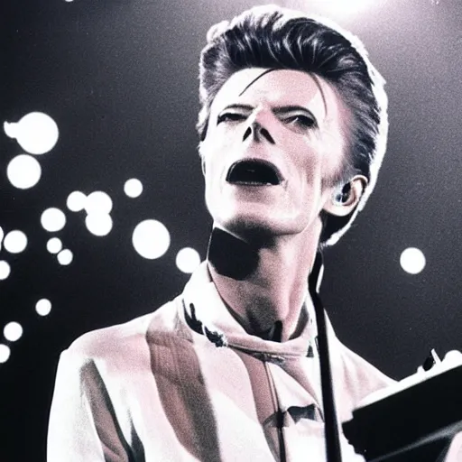 Prompt: david bowie singing into microphone wearing a clearly symbol yin - yang shirt, scene in space, avant - garde painting