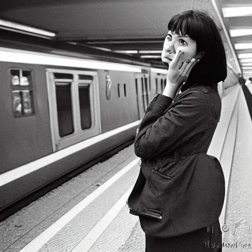 Prompt: a black haired woman gets annoyed by a train delay in germany, photography, hasselblad, large format