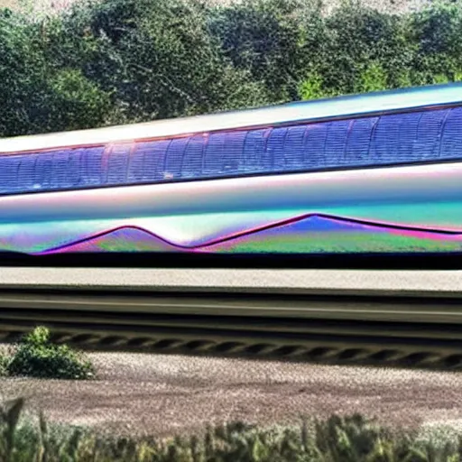 Prompt: solar powered girly suspended futuristic bullet train!!, mother of pearl iridescent, style of moebius, aerodynamic!!!!!!