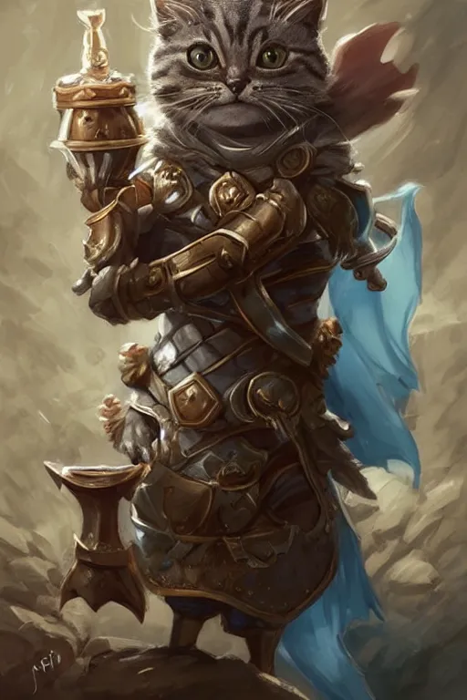 Image similar to cute little anthropomorphic cat knight wearing a cape and a crown, tiny, small, miniature cat , baby animal, short, pale blue armor, cute and adorable, pretty, beautiful, DnD character art portrait, matte fantasy painting, DeviantArt Artstation, by Jason Felix by Steve Argyle by Tyler Jacobson by Peter Mohrbacher, cinematic lighting