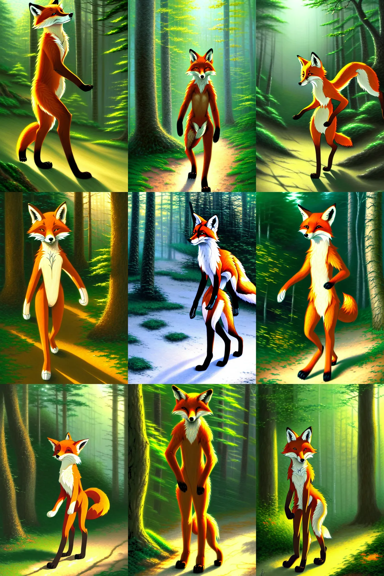 Prompt: anthro digitigrade natural - colored fox person with black paws, walking upright in a forest, soft lighting, thomas kinkade, makoto shinkai