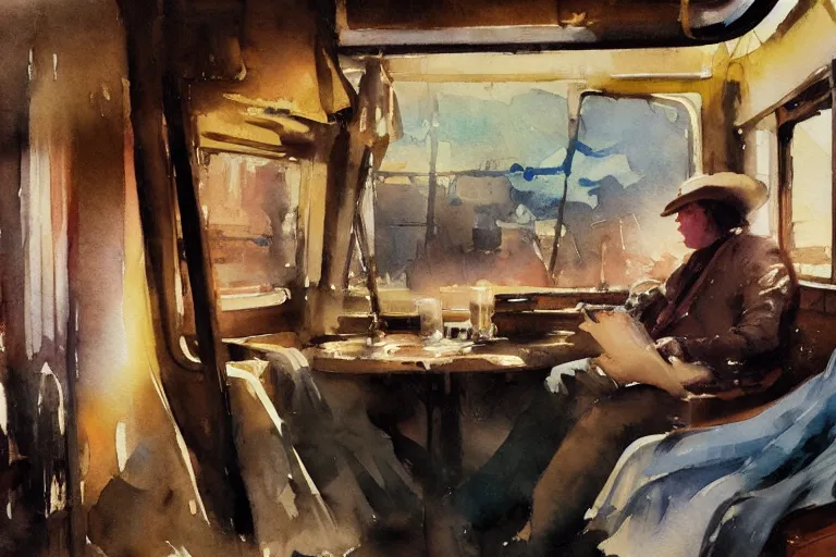 Prompt: small centered on watercolor paper, paint brush strokes, abstract watercolor painting of classic western train interior, cinematic light, national romanticism by anders zorn, by hans dahl, by jesper ejsing, by greg rutkowski, by greg manchess, by tyler edlin, by craig mullins